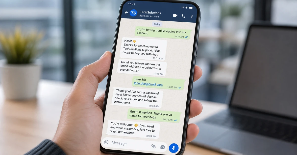 Smartphone mostrando una conversación de WhatsApp Business con chatbot de empresa