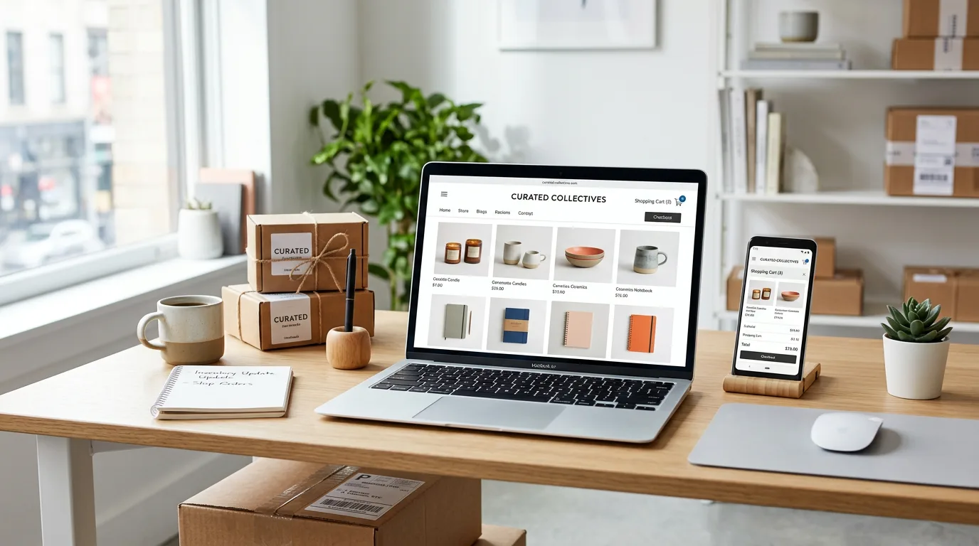 Espacio de trabajo con un portátil mostrando una tienda online profesional