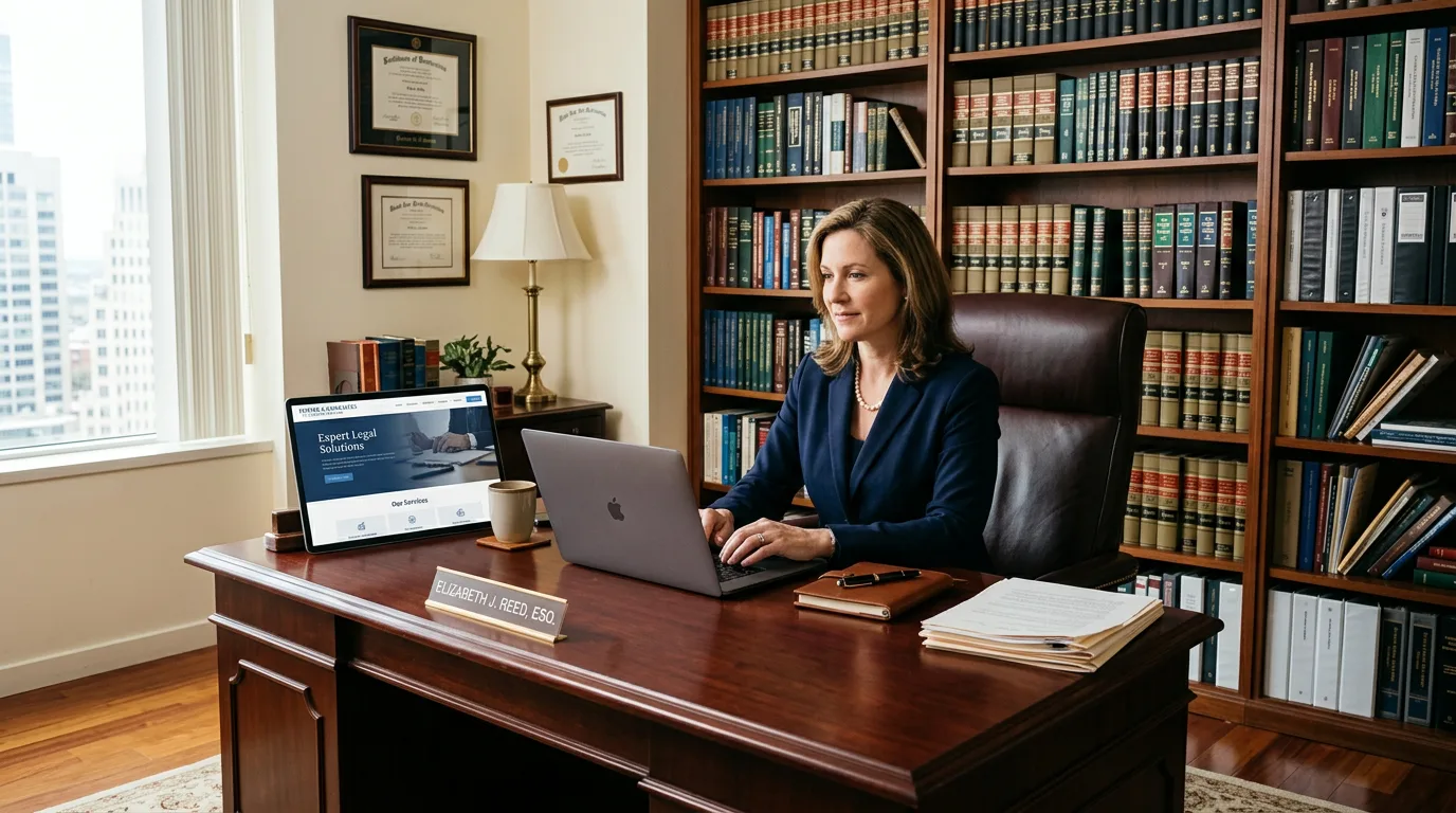 Despacho de abogados con un portátil mostrando una web jurídica profesional