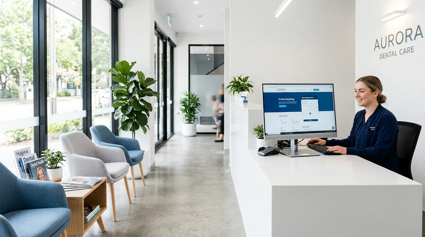 Recepción de clínica dental moderna con un ordenador mostrando la web médica