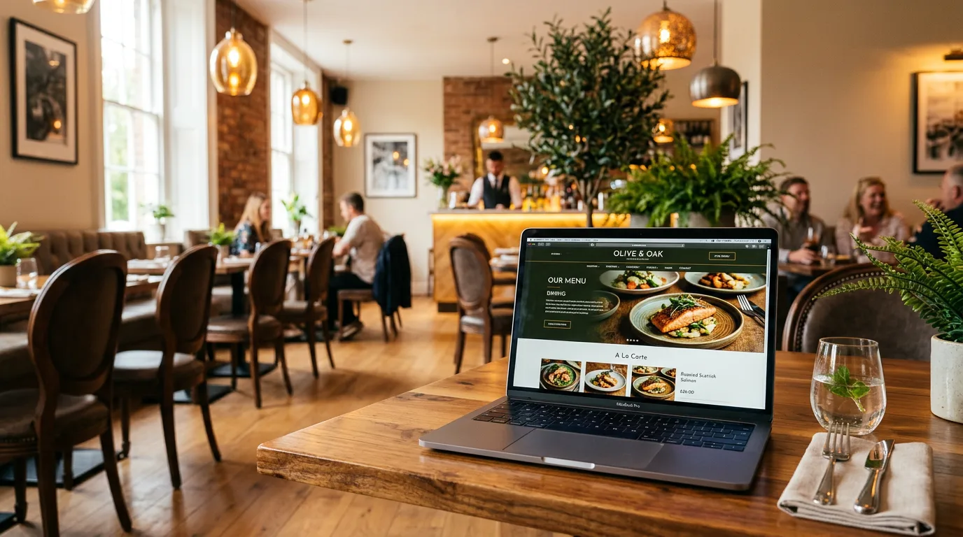 Interior de restaurante moderno con un portátil mostrando la web del negocio