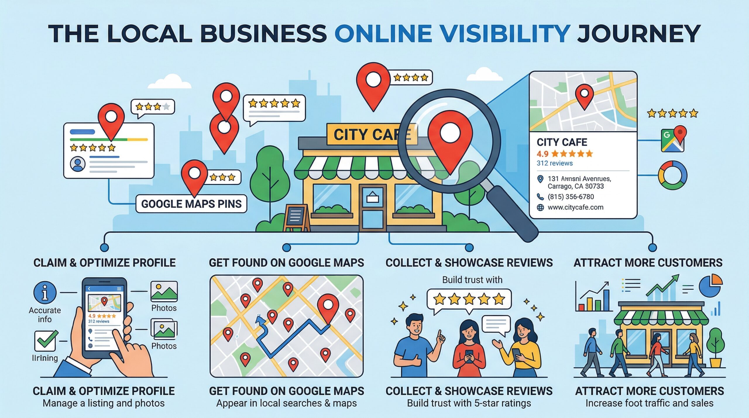 Mapa de Google con marcadores de negocios locales posicionados en SEO