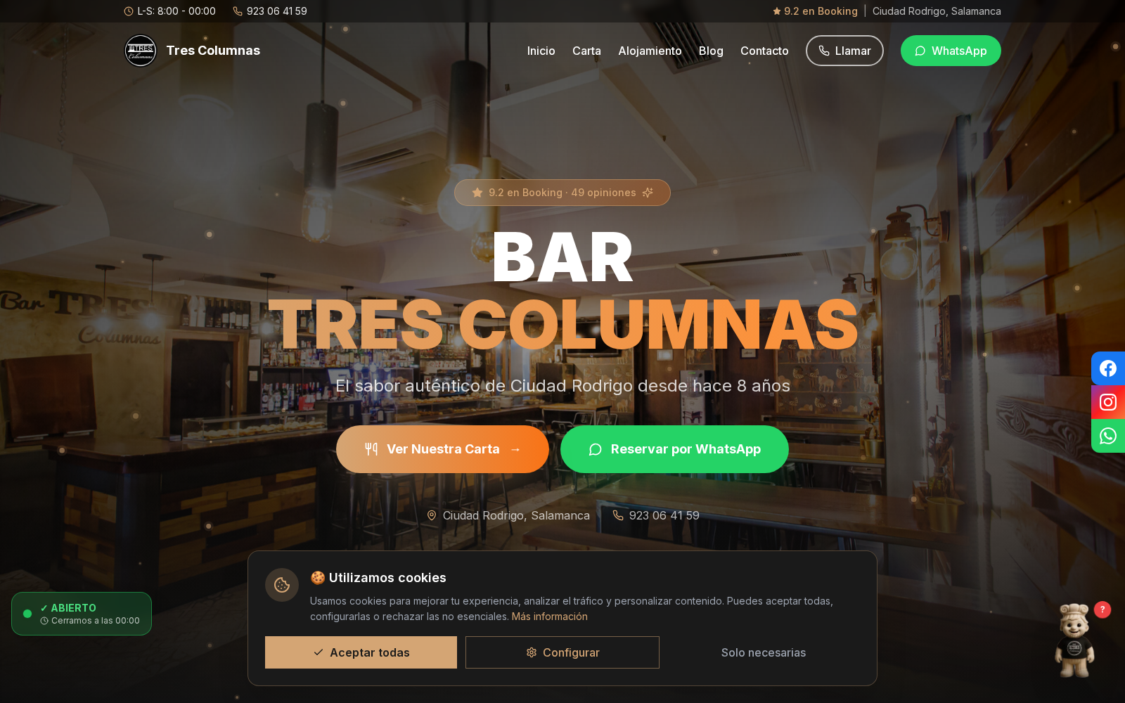 Web profesional de Bar Tres Columnas - Programada a medida por AdsVentas